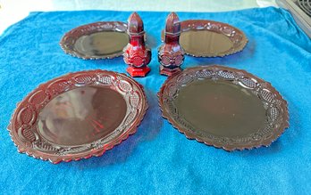 Vintage Avon Cape Cod Salt & Pepper Shakers, Four Great AVON 'Ruby Red' Cape Cod Platters.