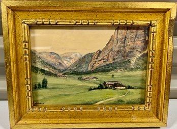 Small European Watercolor, Mountains And Fields, Signed Robinson