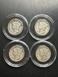 4 Mercury Dimes 1942, 1943, 1944, 1945