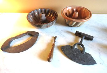 2 Pottery Bundt Bowls & Primitive Dough Cutters
