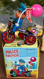 Vintage MTU Korea Tin Litho Wind Up Tricycle Policeman Bell Sound Original Box No Rust Working Well