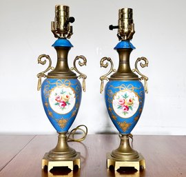 A Pair Of Urn Form Lamps On Brass Bases In Style Of Sevres