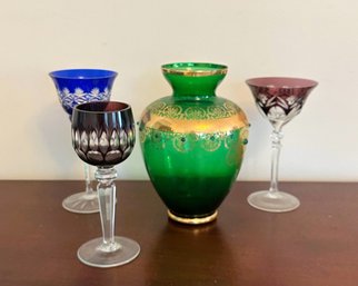 Collection Of Bohemian Cut Crystal Glasses And Vase