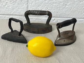Three Antique Sad Irons  - Petite Solid Iron And Dover  - Could Be Sales Samples