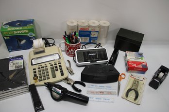 Mixed Office Lot With Calculator, Boss Coffee Cup, Staplers & Staple's, Scissors, Light, Paper Punches, Etc.