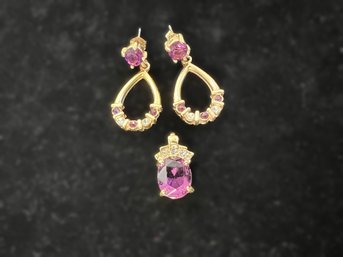 Roman Gold Tone Faux Ruby Earring & Pendant Suite