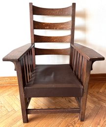 Vintage Wood Mission Style Arm Chair With Leather Seat