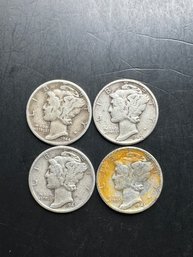 4 Mercury Dimes 1942, 1943, 1944, 1945