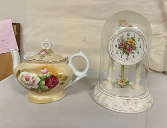 Porcelain Clock With Glass Dome Flowers Hummingbird, Lefton Hand Painted Roses Floral Music Box Teapot. DS-e2