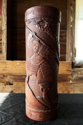 Rare Antique Hand Carved Japanese Samurai Bamboo Vase Or Brush Pot