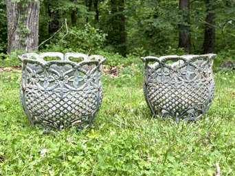 A Terrific Pair Of Vintage Footed Jardinieres In Cast Metal