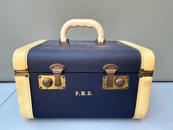 Vintage Small Yellow And Navy Luggage - Make-up Holder