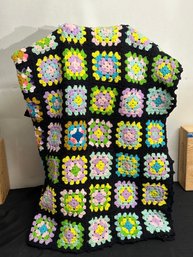 A Vintage Crochet Blanket Navy Multi Color 62' X 68'