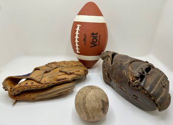 2 Vintage Baseball Gloves With Ball & New AMF Voit Football
