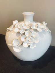 Lovely, Large Round Ivory Ceramic Vase With Applied Flowers