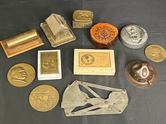 12PC Medallions Of Industry Company Paperweights & Anniversary Mementos - Bronze, Brass Marble