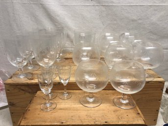 Noritake Crystal Bamboo Etched Wine Glasses (10), Brandy Glasses (12) & 3 Cordials