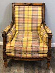 Plaid Cushioned Wooden Arm Chair