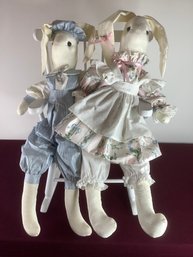 Vintage Bunny Plushes With Rocking Chair Decor