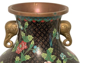 Asian Cloisonne  Vase With Brass Elephant Head Handles