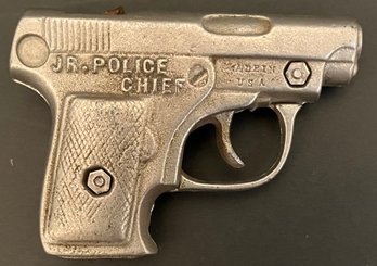Vintage Old Small Cast Iron Toy - Jr Police Chief Cap Gun - Not A Real Gun - Made In USA - 3 7/8 X 2.75 X .75