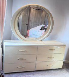 Retro Ivory Laminate Dresser With Round Mirror From Italy - Six Drawers And Animal Print Runner Included