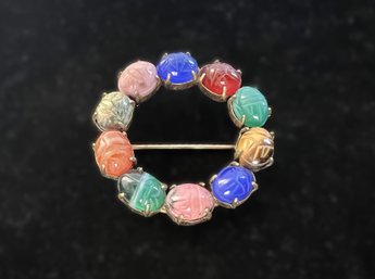 W.E. Richards Vintage 14k Gold Filled Semi-Precious Stone Scarab Cypher Brooch