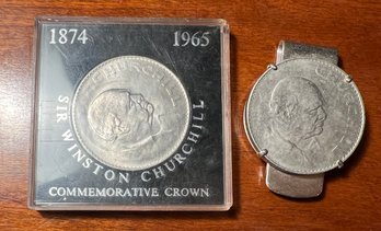 Pair Of 1965 Winston Churchill  Collectible Crown Coins, One Is Made Into A Sterling Silver Money Cliff.