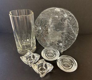 Clover Vase, Pressed Glass Plate And Votives