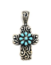 Vintage Sterling Silver Turquoise Ornate Cross Pendant