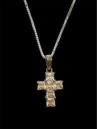 Vintage Sterling Silver Box Chain Necklace With Cross Pendant And Clear Square Gemstone Accents