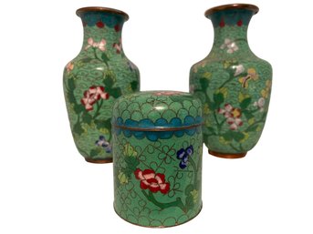 Cloisonne Trio, 2 Vases & 1 Cylindrical Jar With Lid. Primarily Green With Clouds & Flowers. Marked China.