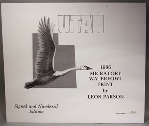 US STAMP AND ARTIST SIGNED PRINT UTAH 1986 MIGRATORY WATERFOWL BY LEON PARSON