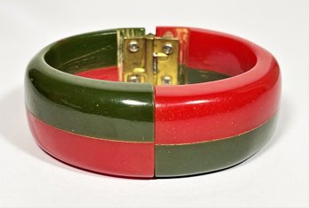Rare Vintage Bakelite Clamper Hinged Cuff Bracelet Dual Color Red & Olive Green