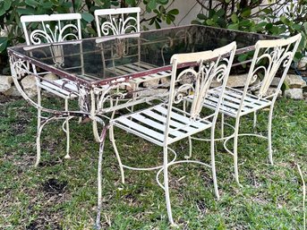 A Vintage Wrought Iron Dining Table With Smoked Glass Top And Set Of 4 Chairs By John Salterini, C. 1950's