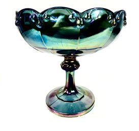 Vintage Indiana Glass Iridescent Blue Carnival Garland Pedestal Bowl