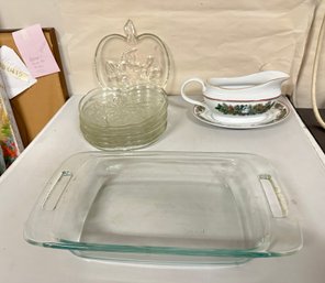 Apple Shaped Floral Clear Glass Snack Plates, Macys Royal Gallery Gravy Boat With Underplate, Pyrex Tray.DS-E3