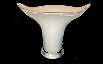 Unique Double Horned Cased Glass Vase W/ Peachy Pink Interior
