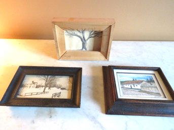 3 Small Framed Prints Of A Farm House, Tree And House