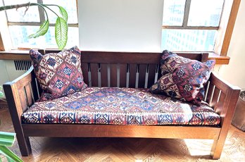 Large Vintage Wooden Mission Style Couch With 2 Hand Made Throw Pillows