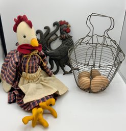 Vintage Egg Basket, Fabric Chicken & Rooster Cast Iron Wall Hanging