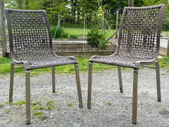 A Pair Of Modern Outdoor Side Chairs In Acrylic Weave And Steel