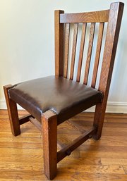 Vintage Oak Arts & Crafts Style Side Chair With Slated Back & Upholstered Seat (Appraised For $700)