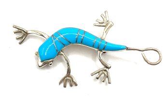 Vintage Sterling Silver Turquoise Gekko Brooch