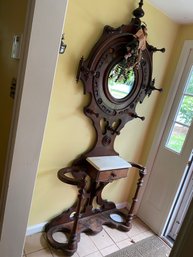 Victorian Walnut Hall Tree With Mirror, Drawer & Marble Shelf