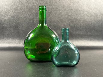 A Pair Of Wide Vintage Bottles In Green & Blue