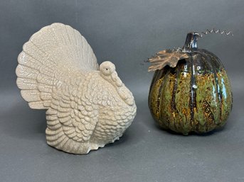 Autumnal Decor In Ceramic: Crackled Finish Turkey & Glazed Pumpkin