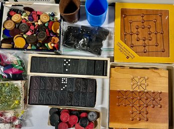 Mostly Wooden Game Pieces - Dominoes, Checkers, Dice