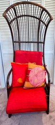 Vintage Rattan Hooded Chair With Red Seat Cushion And Two Pillows - Lot 2