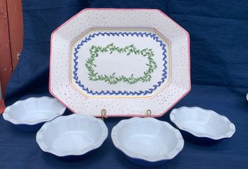 Four Bowls And A Platter - Bowls Are Emile Henry, Platter Is Made In Portugal